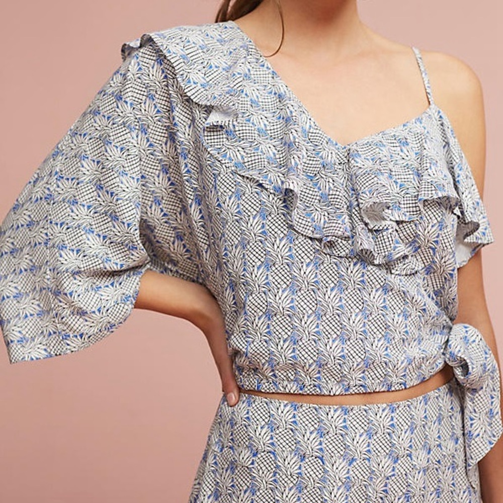 Maeve‎ Anthropologie Blue White Pineapple One Shoulder Ruffle Wrap Top Small